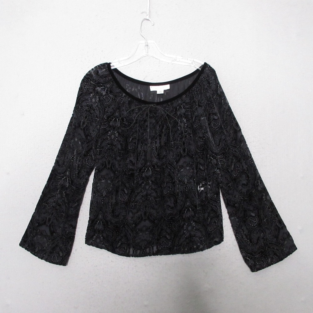 Vintage Casual Corner Top Black Silk Floral Velvet Burnout Whimsigoth Y2K Tassel